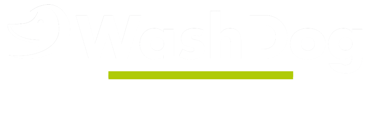 Logo Wash Dog blanc franchise avec fond transparent et écriture blanche sous ligné par un trait vert